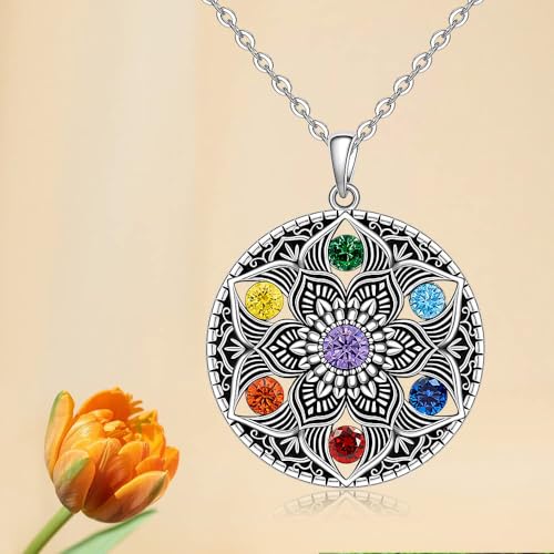 Fenthring Mandala Chakra Necklace for Women Sterling Silver Yoga Lotus Flower Necklace Pendant 7 Chakra Gifts4
