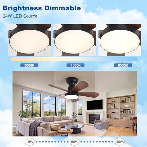 Image of Depuley Small Ceiling Fan with Lights: 28-Inch Flush Mount Fan with Light and Remote - Low Profile Ceiling Fans Reversible Quiet DC Motor for Bedroom Living Room Indoor Outdoor, Walnut