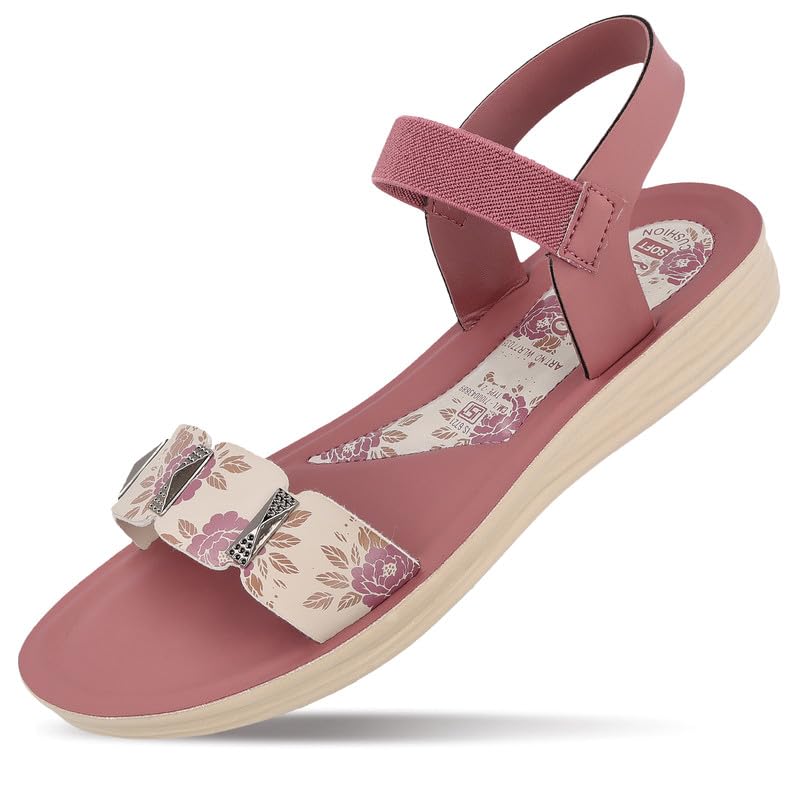 Image of WALKAROO Women Comfortable Flat Sandals|Floral Printed Front Strap, Elastic Ankle Strap, Soft Cushioned Footbed, Lightweight PU Sole|Casual Wear for women's|WLR77035