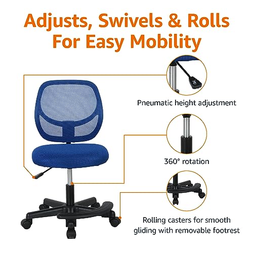 Amazon Basics Kids Adjustable Height Mesh Low-Back Swivel Desk Chair with Footrest, Rolling Study Chair, Armless, Blue by Amazon Basics - Used condition - US$46.97