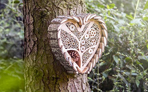 Mason Bee House For Outdoors - Large Heart - Shaped Bee And Insect Hotel - Handmade With Natural Bark, Cedar Wood & Bamboo Nesting Tubes - Beautiful Bee Houses For The Garden By Bugtique #TOP7
