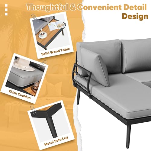 Image of Greesum Outdoor Sectional Sofa Set L-Shaped Metal Patio Furniture with All-Weather Cushions and Built-in Side Coffee Table for Garden, Lawn, Backyard, Poolside, Gray