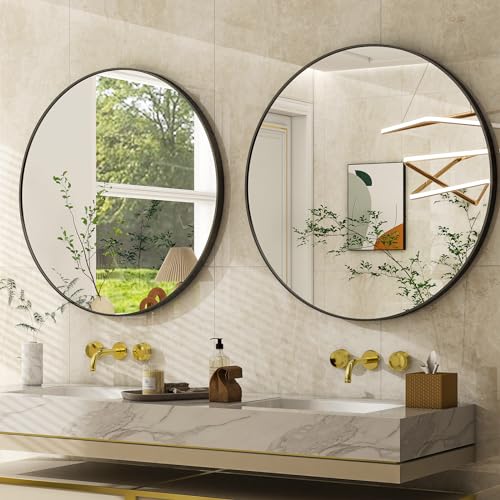 Image of EASLY 24 Inch Round Mirror, Black Metal Frame Wall Mirror for Bathroom