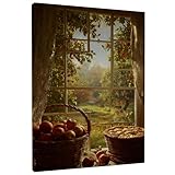 Apfel Leinwand Küche Wandkunst Rustikale Landkörbe Fenster Herbst Grün Kunstwerk Wandbehang Gemälde Wohnzimmer Wohnung Esszimmer Dekorationen 30,5 x 40,6 cm