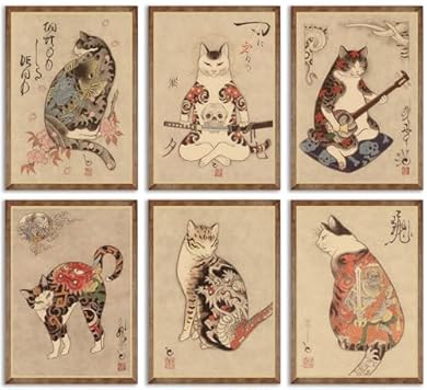 Foto di 6 stampe artistiche da parete con gatto samurai giapponese, poster giapponesi Bushido Decor Kung Fu dipinti tatuaggio divertente fantasia foto foto poster pittura per soggiorno stampa camera da letto