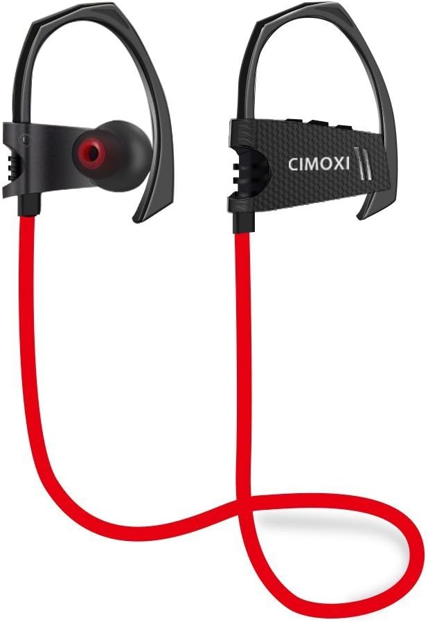 Wireless Earphones, CIMOXI Bluetooth 4.1 Headphones with 8 Hour Play Time, Built-In Mic, IPX4 Waterproof, Noise Cancellation, Premium Sound Ear Hook Earphones for Running, Cycling, Gym, Workout (Red)