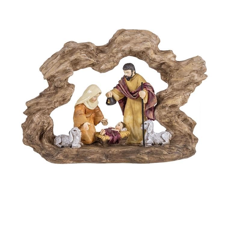 DRW Classic Mysterium 1 Piece with Child in Cot Made of Resin Hand Painted with Wooden Portal, 20 x 14 cm