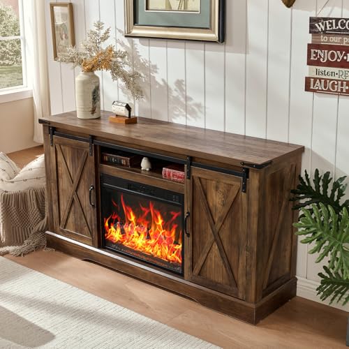 For Tv Up To 65 Inch With Farmhouse Tall Sliding Barn Doors, Entertainment Center With Storage Cabinet, 23" Electric Fireplace With Remote, Espresso