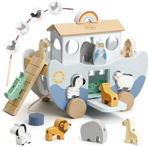 Joyreal Arche Noah Holz - Taufgeschenke für Mädchen Jungen Kinder, Geschenk Taufe, Montessori Spielzeug ab 1 2 3 Jahr, Holzspielzeug mit Bauernhof Spielzeug Sortier Stapel