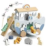 Joyreal Wooden Noahs Ark Toy - Christening Gifts for Girls Boys, Wooden Montessori Toys for 1 2 3 Year old, Farm Animals Shape Sorter Stacking Toys Baptism Gifts
