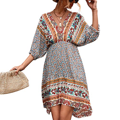 Damen-Sommer-Tunika-Kleid, V-Ausschnitt, Lässige, Lockere, Fließende Swing-Kleider, Weiches, Elegantes, Hohes, Niedriges Saum, Halbe Puffärmel, Rückenfreies Kleid und(S-Aprikose) Cover