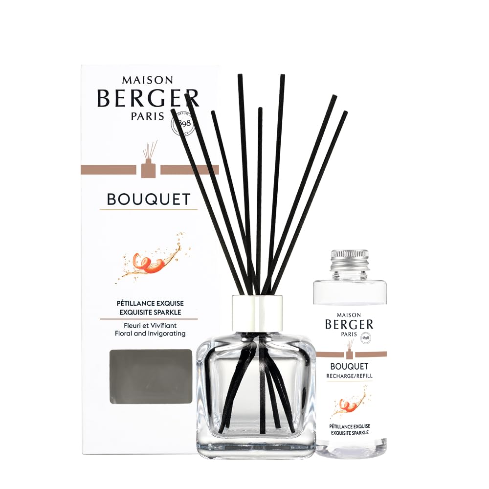 Maison Berger Clear Exquisite Sparkling Glass Reed Diffuser Scented Bouquet – 6 Black Reed Sticks With 100 Ml Fragrance Refill – Made In France