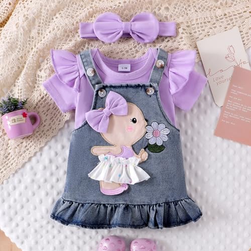 Baby Girl Clothes Newborn Baby Girl Romper Ruffle Short Sleeve Cute Bear Cartoon Jeans Skirt Outfit Set 0-18 Months2