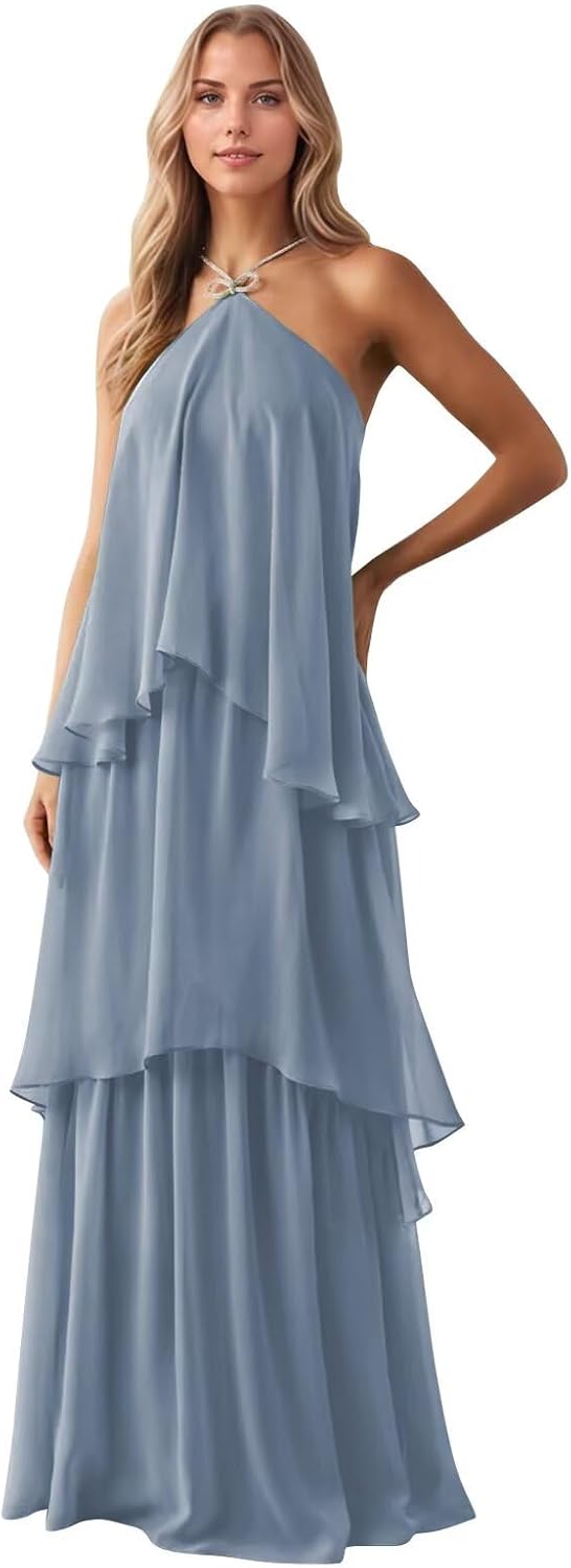 Tiered Bridesmaid Dresses for Women 2025 Chiffon Wedding Guest Dress Maxi Formal Prom Dress