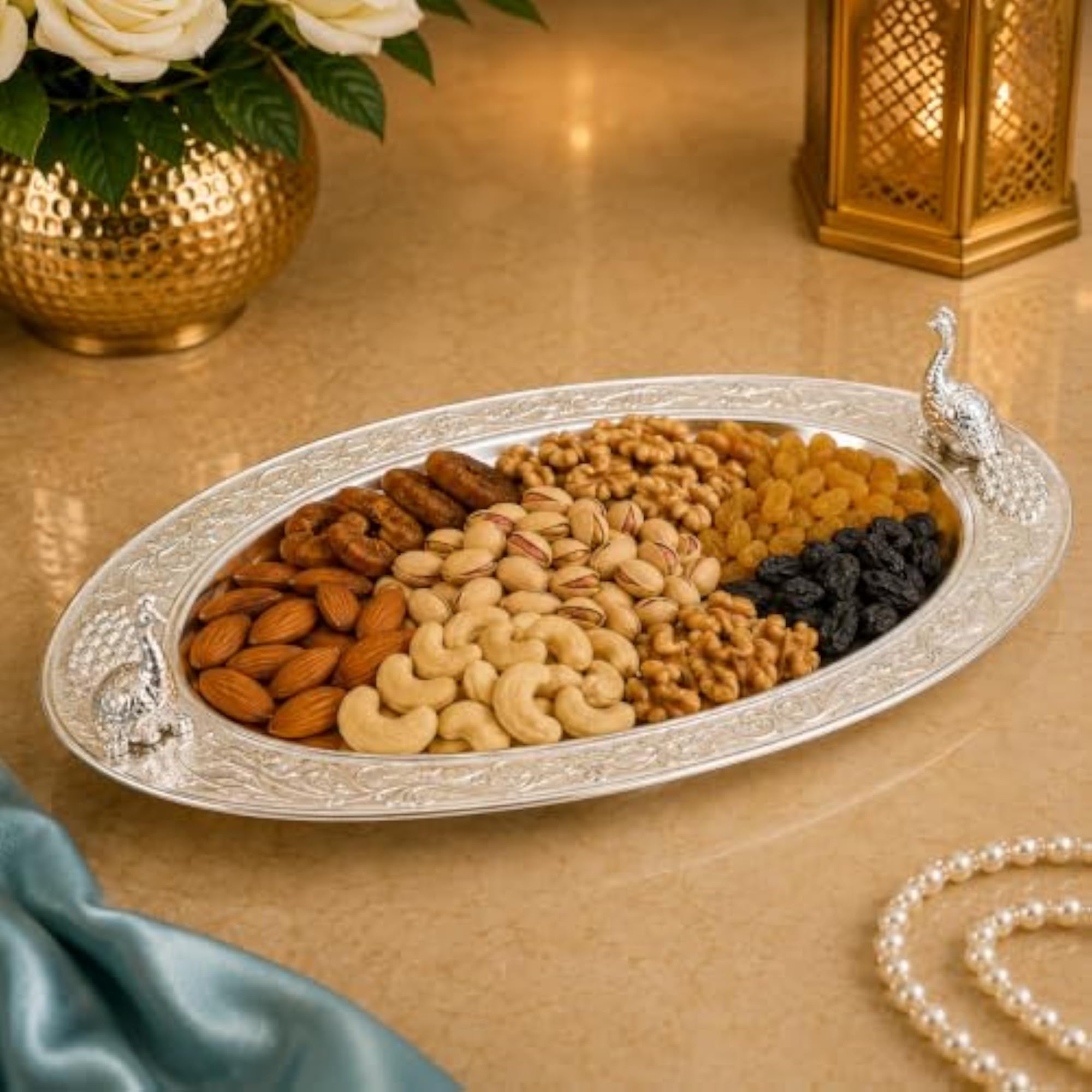 Silver Color Metal Peacock Tray, Stylish Serving Plate