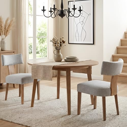 Image of HNY Mid Century Modern Dining Chairs, Farmhouse Linen Fabric Upholstered Accent Chair Curved Backrest Kitchen Chairs Set of 2, with Hardwood Frame, Grey