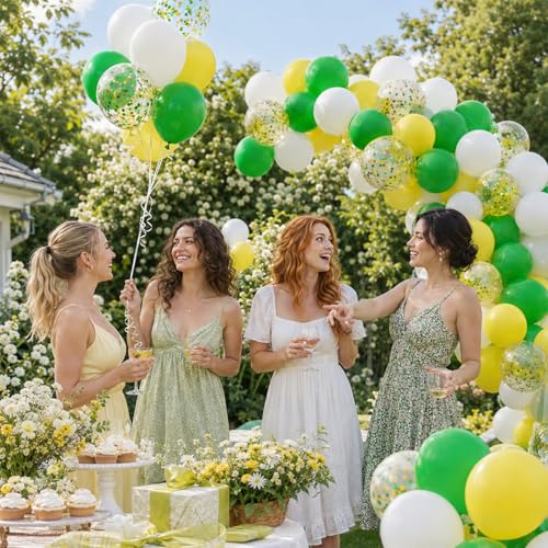 Image of Green and Yellow Balloons, 60 Pcs 12 Inch Dark Green Yellow White Latex Balloons with Gold Confetti for Graduation Birthday Golf Party Decorations