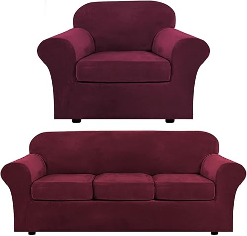 H.VERSAILTEX Funda de terciopelo de felpa para sillón de 3 cojines, protector de muebles, ultra suave, extraíble y lavable, color borgoña