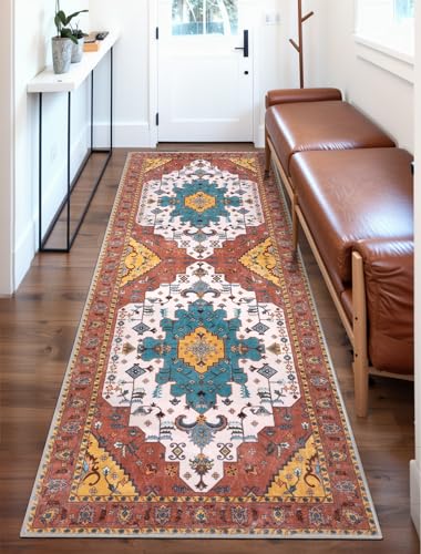 SERISSA Boho Washable Runner Rug, 2x6 Rug Non-Slip Vintage Orange Hallway Kitchen Runner Rug Ultra Soft Print Distressed Floor Carpet for Bedroom Bathroom Laundry Living Room