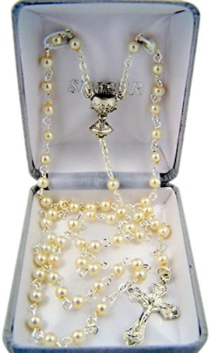 First Communion Petite Cream Glass Prayer Bead Rosary Necklace with Chalice Centerpiece, 18 Inch