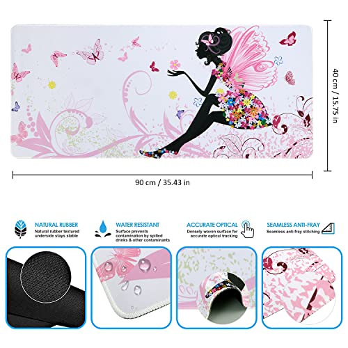 Image of iCasso Extended Gaming Mouse Pad (35.4x15.7 in), Large 3mm Non-Slip Rubber Base Mousepad with Stitched Edges, Waterproof Keyboard Mouse Mat Desk Pad for Work, Game, Office, Home - Butterfly Girl