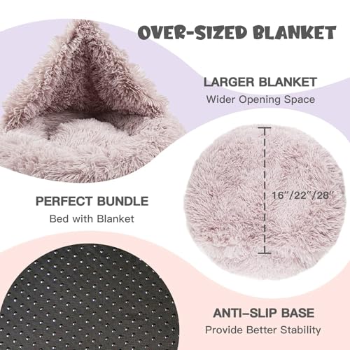 Image of Himax Covered Medium Dog Bed with Blanket Attached Calming Burrow Beige | 20in Small Cat & Dog Bed, Anti-Anxiety Donut dog bed with cover, Washable Round Fluffy Pet Bed for Indoor