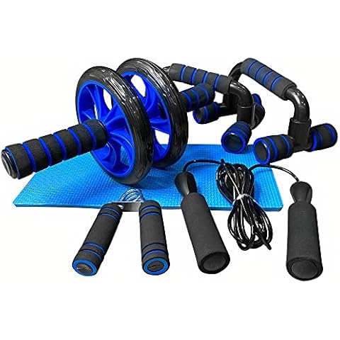 unycos - Bauchtrainer Set 5 in 1, AB Wheel Workout Bauchtrainer Home Sport Equipment, Trainings-Rollräder, Push-Up-Bars, Springseil, Handtrainer, Kniematte für Training zu Hause (Blau) Cover