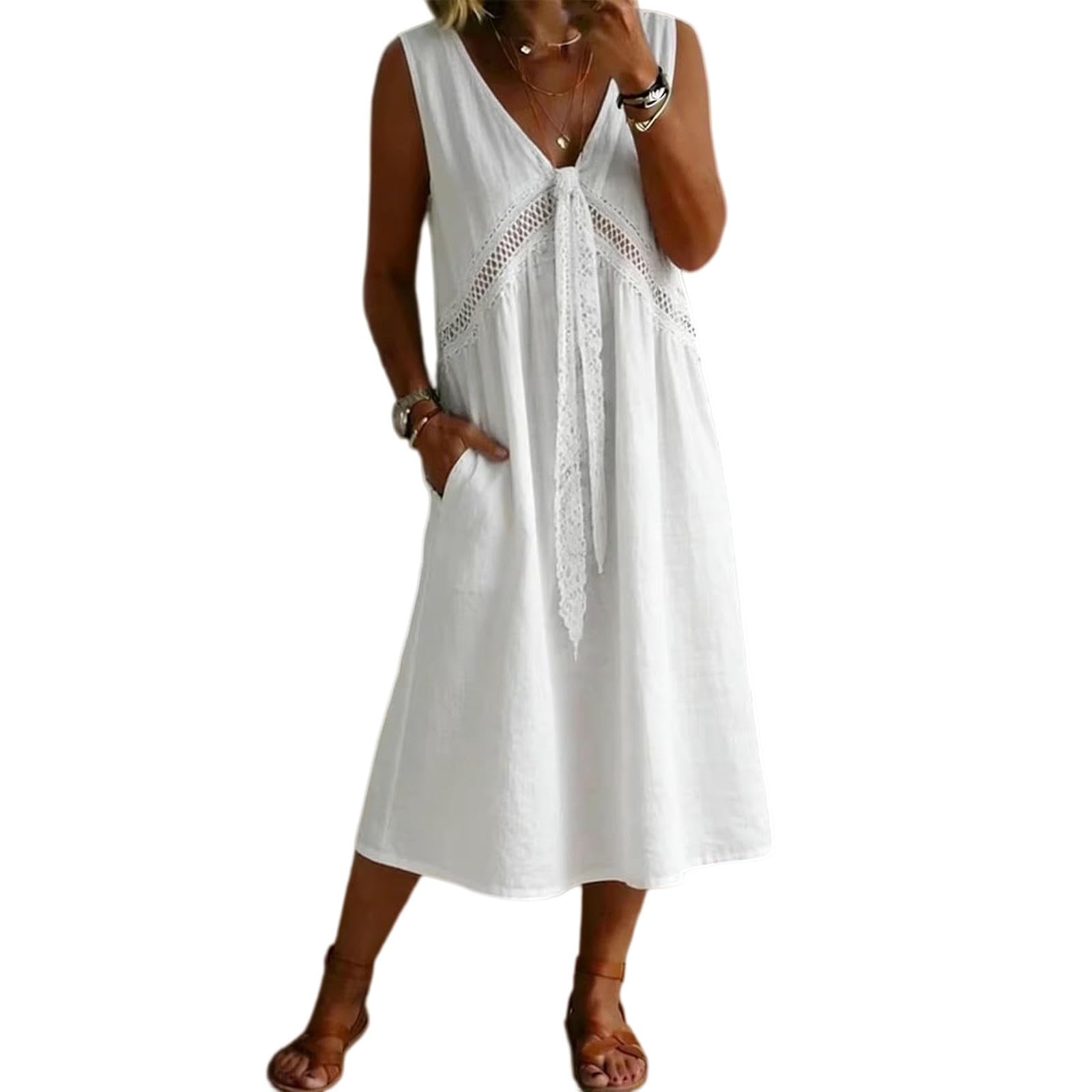 Vestito Abito Lungo da Donna Senza Maniche con Scollo A V – Spiaggia Casual-Rosa-s