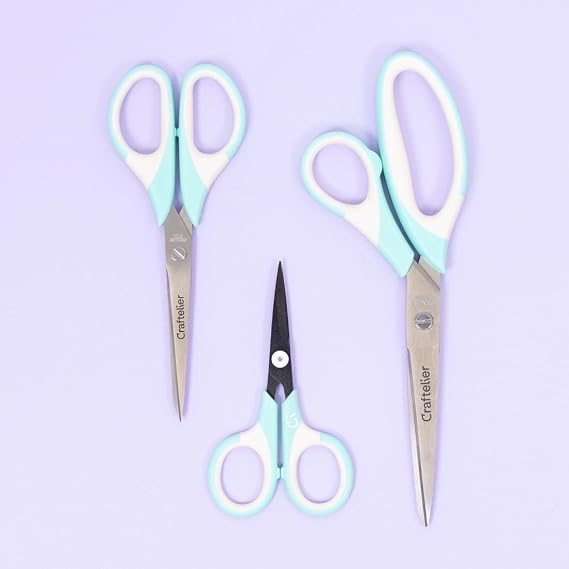 Craftelier - Set of 3 Stainless Steel Scissors in Different Sizes for Crafts - Ergonomic Handle : Left and Right Handed : Sizes: 11,4 cm; 16,51 cm; 21,59 cm - Color: Turquoise & White