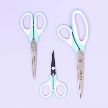 Craftelier - Set of 3 Stainless Steel Scissors in Different Sizes for Crafts - Ergonomic Handle : Left and Right Handed : Sizes: 11,4 cm; 16,51 cm; 21,59 cm - Color: Turquoise & White