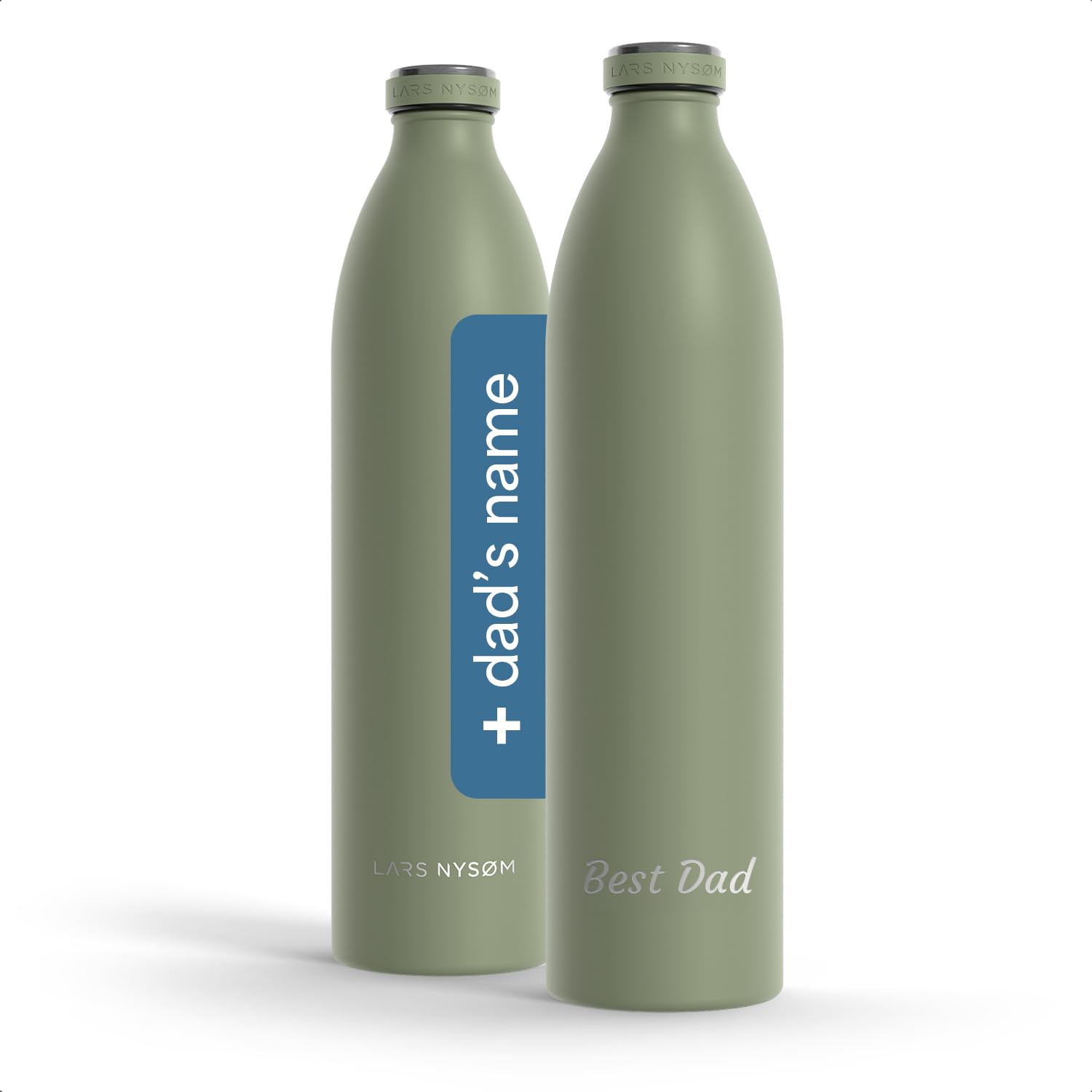 LARS NYSØM Personalised Stainless Steel Water Bottle 350ml, 500ml, 750ml, 1L, 1.5L | Insulated Bottle Suitable for Carbonated Drinks with Engraving | Bottle as Gift with Name (Sage Green, XL 1500ml) — image 1