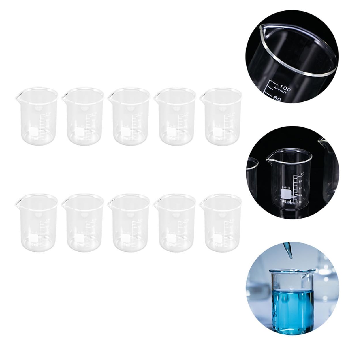 Tasses à Mesurer en Verre de 100ml, Lot de 10, Graduées | Échelle Claire, Légères et Portables, Nettoyage Facile, Format Compact pour Usage Laboratoire