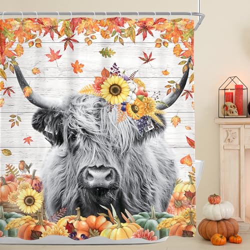 Fall Farmhouse Highland Cow Shower Curtain Rustic Western Bull 60Wx72L Inch