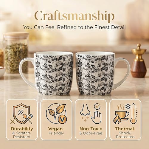 Image of UPC Coffee Mug Set of 6 | Black & White Floral Print Tea /Coffee Cups | Bone China Mugs for Home & Kitchen | Dishwasher Safe Gifting Set