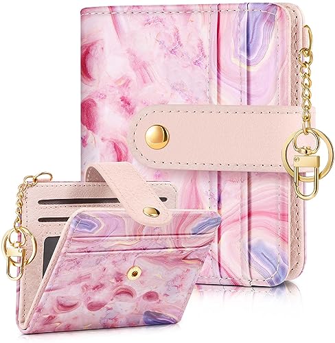 Image of Bistup Small Card Wallet for Women with Keychain, Pink Agate | Clear ID Window, Compact Design for Daily Carry, Durable Material, Sturdy Keychain, Aesthetic