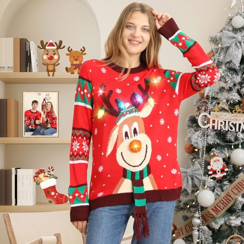Ugly Christmas Sweater Women Men,Light Up Christmas Sweater for Couples,Funny Cute Reindeer LED Xmas Tacky Sweaters - Image 4
