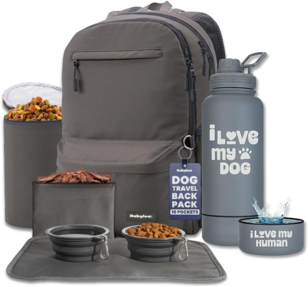 rubyloo The Original Doggy Bag Backpack (Dark Grey) & 32oz Insulated Water Bottle with Attached 8oz Bowl (I Love My Dog) – Dog Travel Backpack & Hydration Set