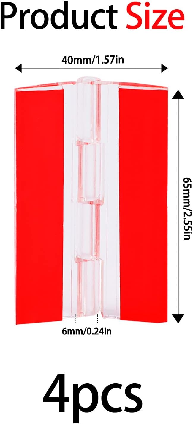 4 Pcs Self-Adhesive Clear Plastic Hinges - Acrylic Continuous Piano Folding Hinges for Crafts, Aquarium Lid, Cabinet, Furniture, Display Stand - 65x40 mm