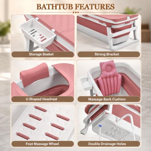 Image of Large Bathtubs for Adults Foldable Bath tub for Bathroom with Temperature Meter and Bath Pillow 148Lx62Wx52H CM Hot and Ice Spa Bathtub for Home Portable Adult Bathtubs (Pink)