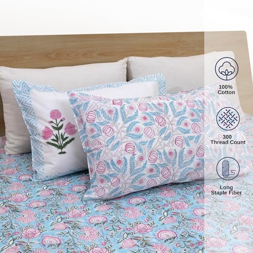 Image of TOAI Hand Block Printed Bedsheet | Bed Spread Flatsheet Bed Sheet | Pure Cotton | Queen Size 90 inchx108 inch | 300 TC Long Staple Cotton | 2 Reversible Pillow Covers |Pink Florals On Blue
