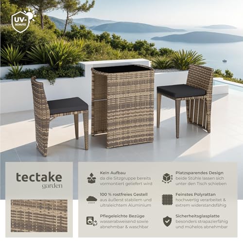 tectake® Poly Rattan Bistroset mit Aluminium Gestell, platzsparend zusammenschiebbar, Gartenmöbel Set mit 2 Stühlen und Tisch… – Ansicht 2