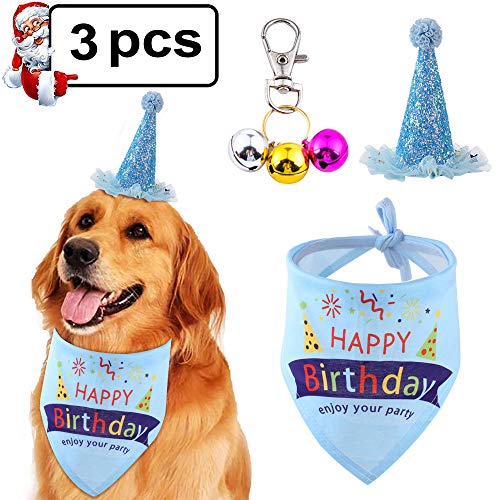 JoGoi Hund Geburtstag Bandana Dreieck Schals Halstuch Partyhut mit Kleine Glocke Geburtstagsparty Party Happy Birthday Tuch Dekoration Pink Blau