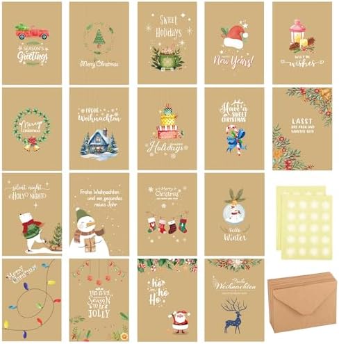 Set 12 Biglietti Di Natale Con Buste E Adesivi – 12 Design Diversi, Con Messaggi E Spazio Per Note Personali
