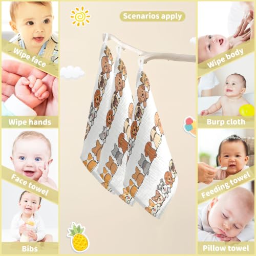 Image of Dog Faces Baby Muslin Washcloths Cute Burp Cloths Soft Absorbent Baby Wash Cloth Fingertip Face Towels for Newborn Boys Girls 12 x 12 in, 5 Pack
