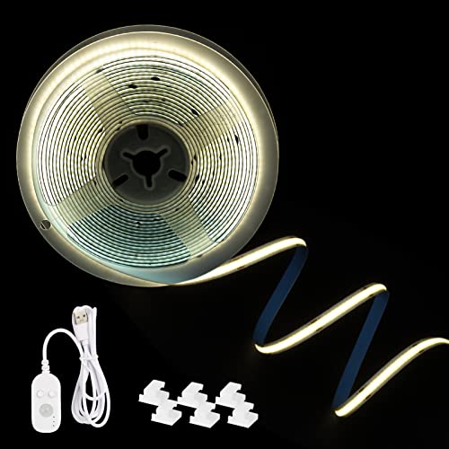 COBテープライト LEDストリップライト COB高輝度 COBテープ 5M 4000K USB給電式 人感 明暗 センサー付き ケーブルクリップ付き 両面テープ 玄関 台所 廊下 DIY照明 装飾用 祝日用 雰囲気作り 取付簡単 切断可能 調光可能 非防水 温白色 By JOMTTW