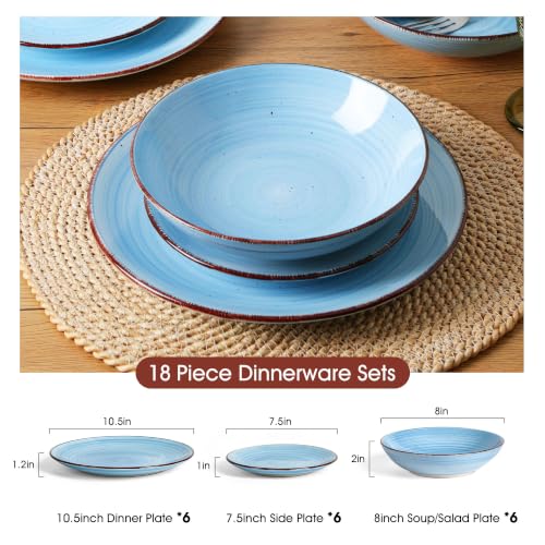 Image of Dinnerware Sets for 6, 18 Piece Stoneware Plates and Bowls Set, Blue | Dishware Sets Kitchen, Chip & Scratch Resistant Ceramic, Microwave & Dishwasher Safe