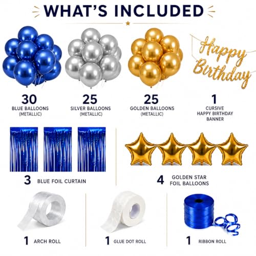Image of Blue Gold Birthday Decoration Kit - 95 Piece XL Luxe Party Kit - Include 3 Tinsel Curtains, Large Balloon Arch Garland Kit, Star Foil Balloons & Happy Birthday Banner - Blue Gold Party Supplies