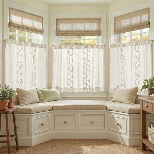 Image of jinchan Green Floral Linen Kitchen Tier Curtains 36 Inch, 2 Panels