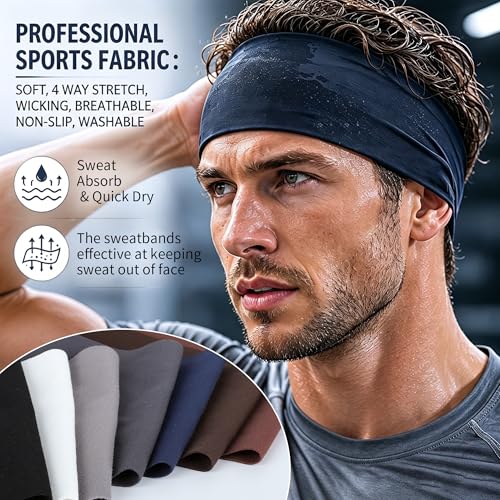 Image of 5 Pack Sports Headband for Men, Breathable Mesh Design, Reused & Washed Mens Headband Sweat Bands for Running Yoga Fitness Workout