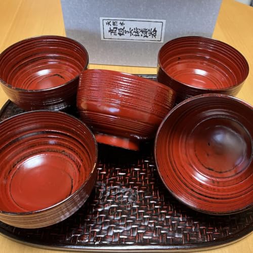 Natural Wood Negoro Lacquer Vermilion Urushi Lacquer Hirasuji Donburi Rice Bowl Zoni Bowl 5 Piece
